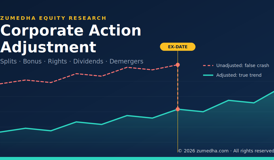 Corporate Action Adjustment: How Splits, Bonuses, Rights and Demergers Change Your Stock Data Stock price chart showing a corporate action adjustment after a split, with adjusted and unadjusted lines